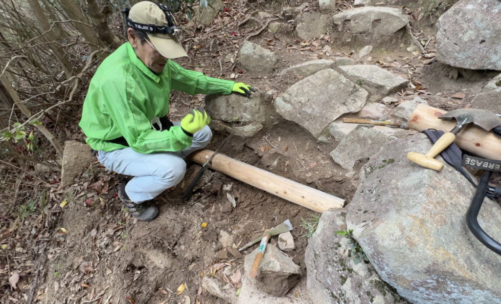 新しく設置する丸太をノコギリで切る