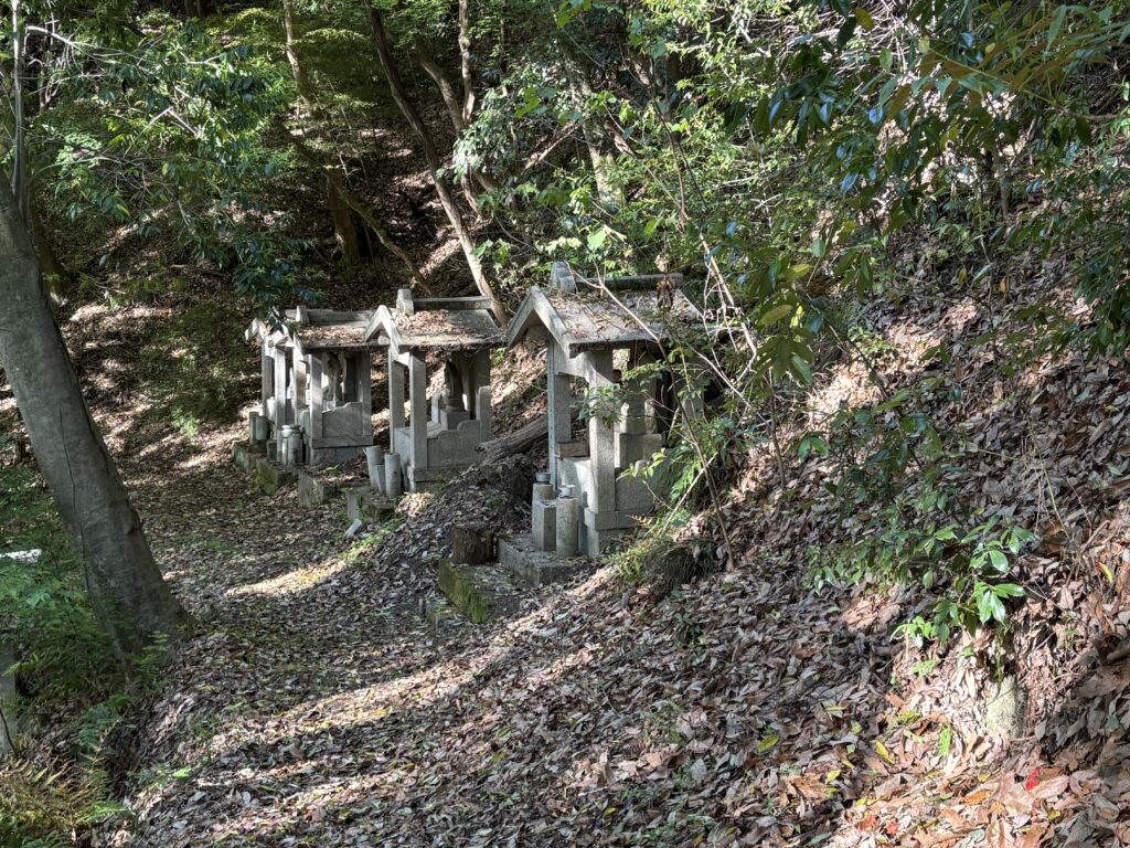 石造の小屋のような構造の中に祀られた仏像。山中信仰の痕跡を感じさせる。