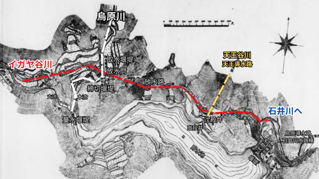 図2　「鳥原水源 貯水池平面圖」に、現在の川名と水の流れを筆者が加筆したもの。石井川、天王谷川、天王導水路、烏原導水路、石井川水路橋の位置関係を示した。原図出典：神戸市 編『神戸市水道拡張誌』附図、神戸市、大正11年。国立国会図書館デジタルコレクション（https://dl.ndl.go.jp/pid/970721、参照
 2026-05-07）。※川名・水の流れ・施設名の注記は筆者による加筆。