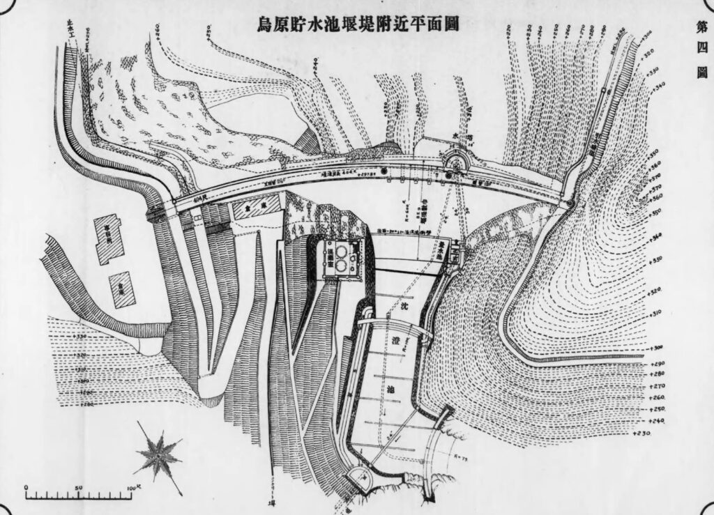 鳥原貯水池堰堤附近平面圖」。立ヶ畑堰堤の周辺に、沈澱池、混薬室、量水池、水塔、放水門