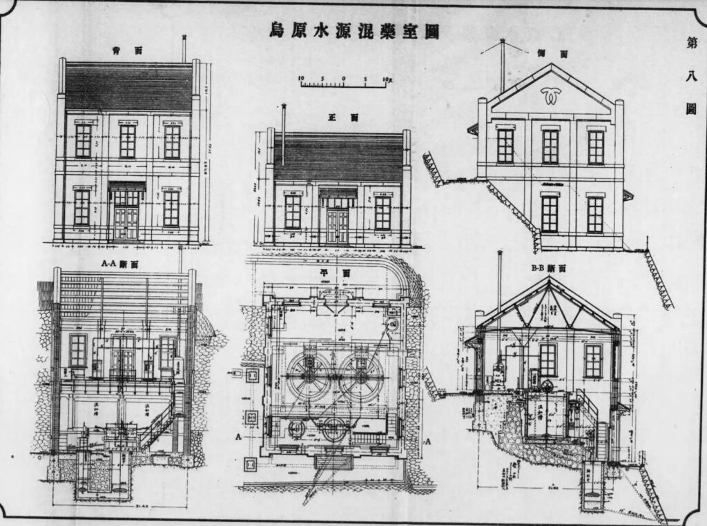 
図7　『神戸市水道拡張誌』附図「第八圖　鳥原水源 混藥室圖」。硫酸アルミニュームを用いた清澄処理に関係する施設である。
出典：神戸市 編『神戸市水道拡張誌』附図、神戸市、大正11年。国立国会図書館デジタルコレクション
https://dl.ndl.go.jp/pid/970721 （参照 2026-05-07）