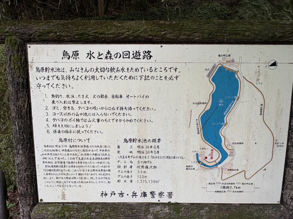 図　烏原貯水池周遊路入口看板。コース外立入禁止や水源地としての注意事項が示されている。