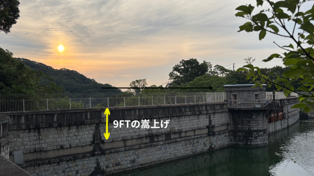 烏原貯水池堰堤の9FT嵩上げイメージ。明治38年竣工時の堤体に対し、大正期に追加された高さを示す。
