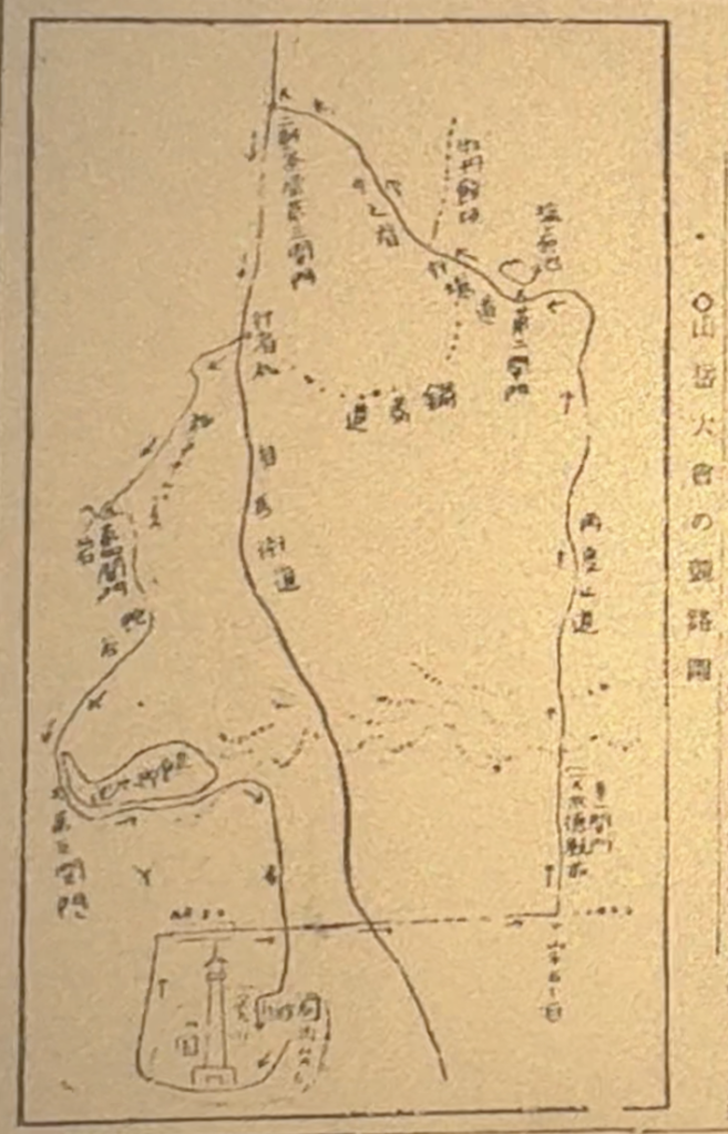 出発点・湊川遊園地新開館前広場の山岳大会の順路図。遊園地のシンボル、神戸タワーが記されている。