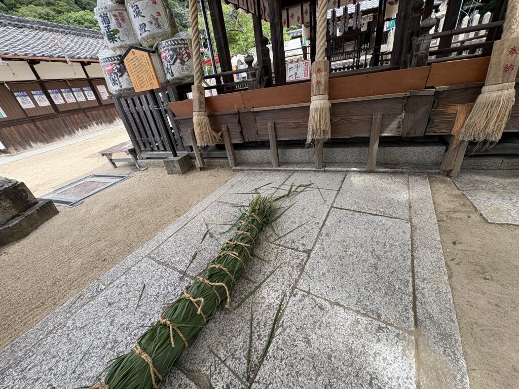 茅の輪に茅を巻いている途中の様子