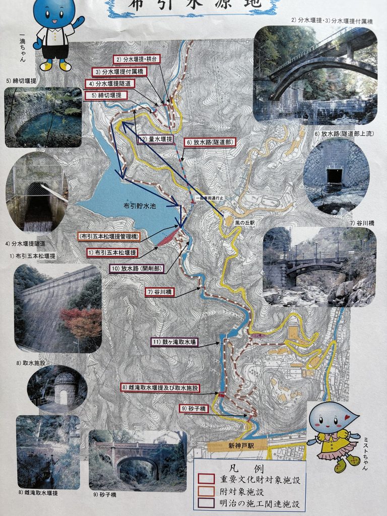 神戸市水道局から提供いただいた「布引水源地」の俯瞰図。五本松堰堤、分水堰堤、谷川橋、鼓ヶ滝取水場、雌滝取水堰堤、砂子橋など、布引水源を構成する施設の位置関係が一望できる。2026年8月27日入手。